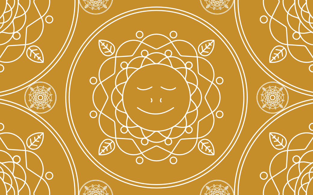 Mindful Thanet brand imagery - a golden sand coloured back ground with mandala pattern incorporating a peaceful smiling face and organic shapes 